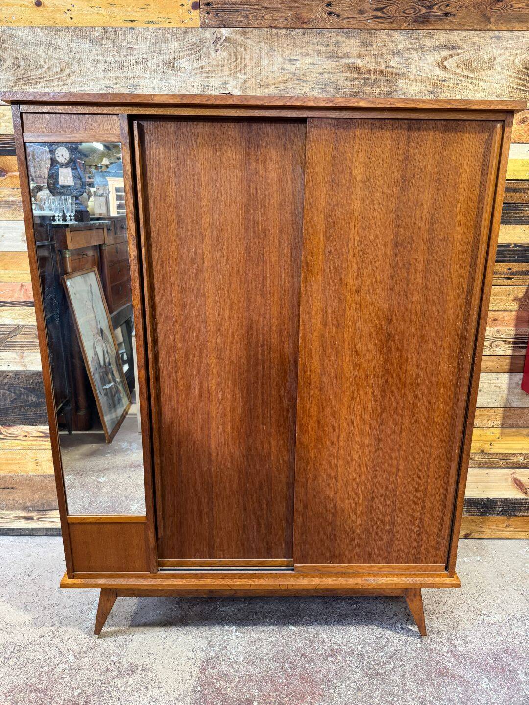 Vintage sliding door wardrobe with mirror - 1970s
