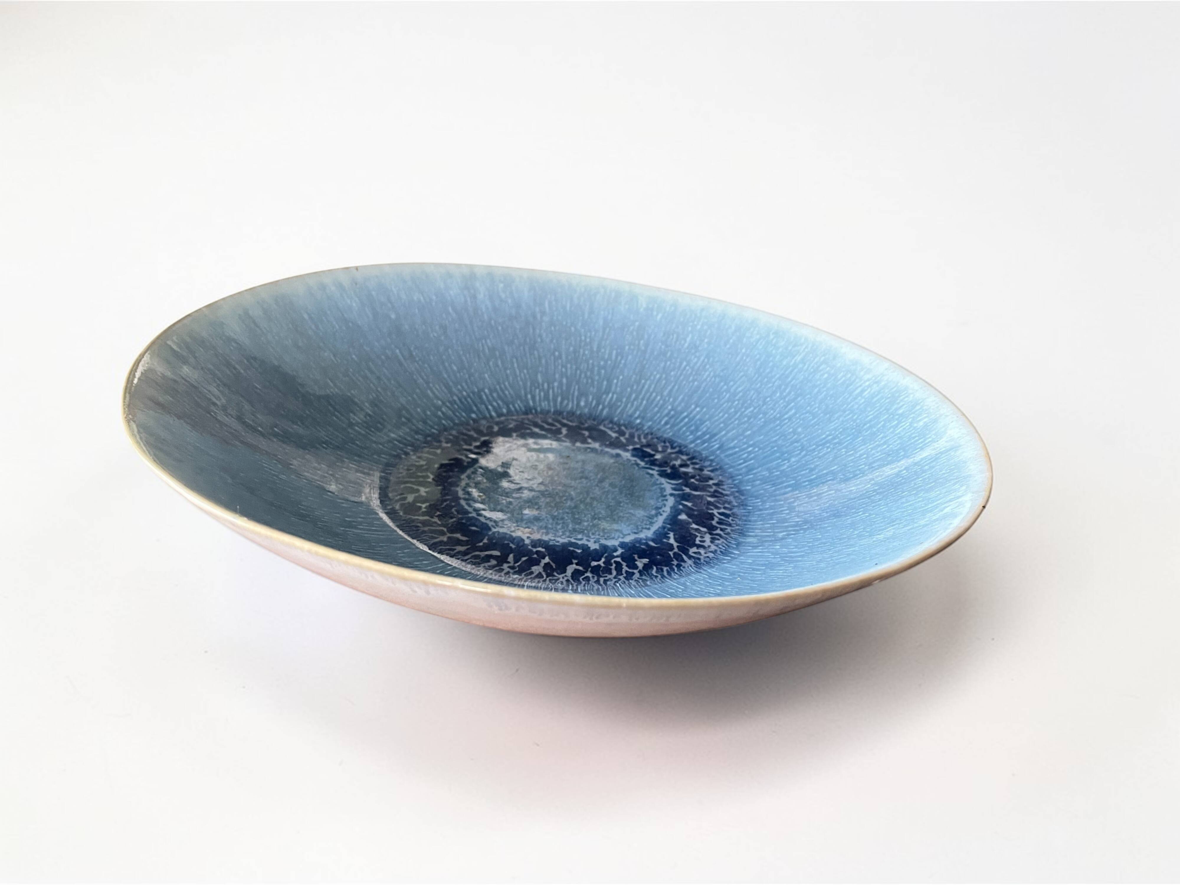 Large blue artisanal ceramic shallow dish from the 20th century.