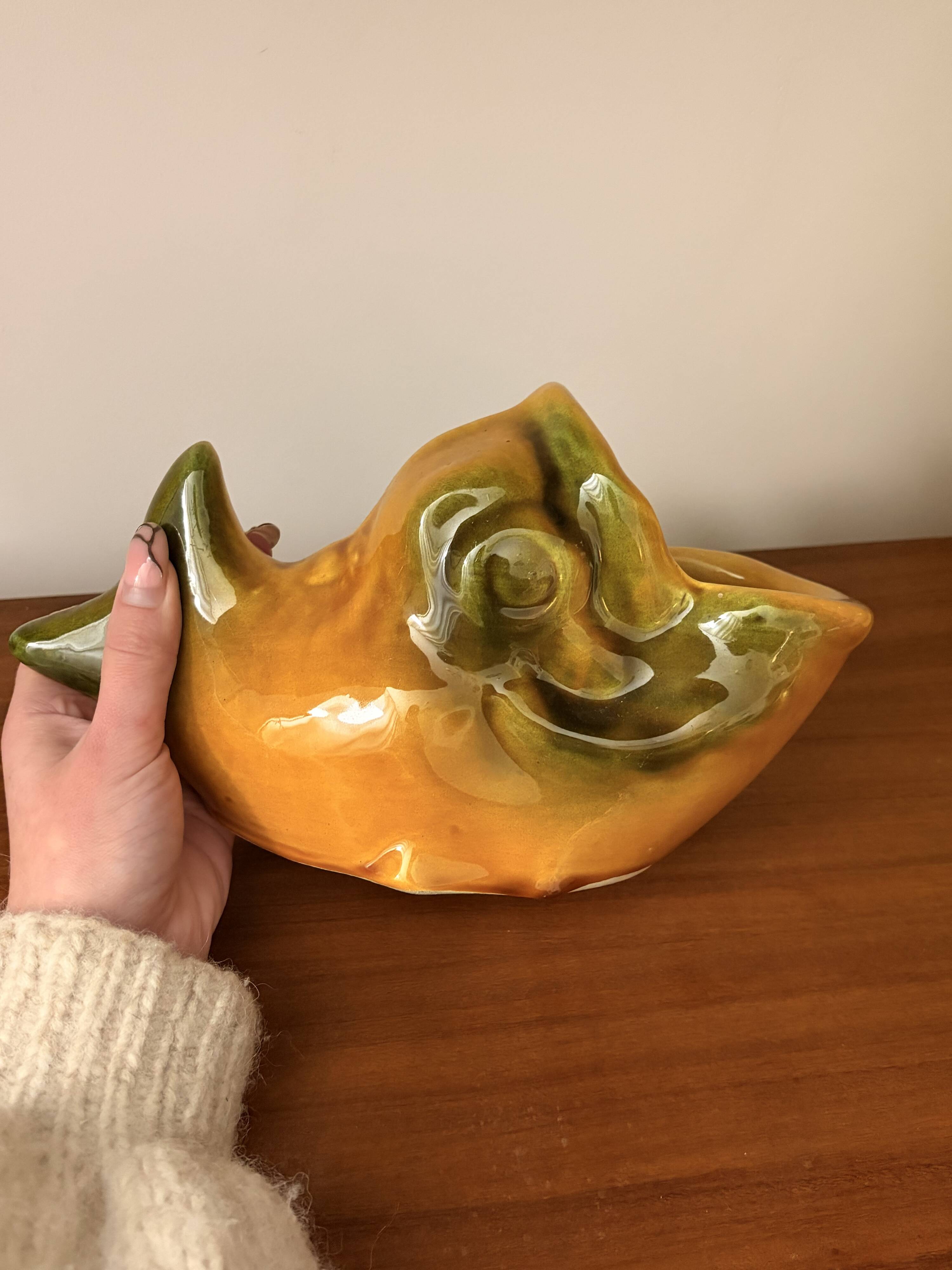 Saucière poisson Vallauris en faïence orange et vert vintage 60s/70s