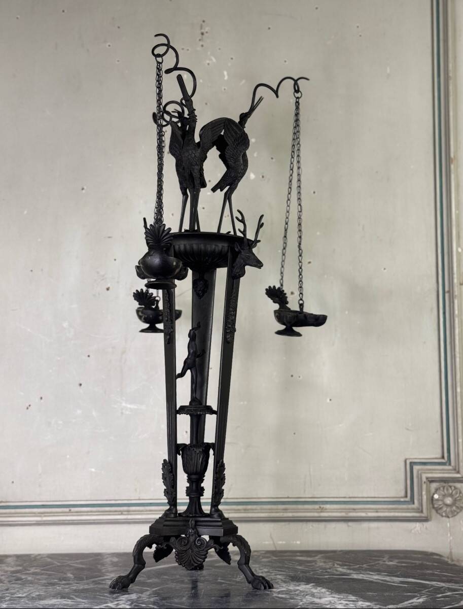 Tripod with herons, oil lamp holder, large object, bronze, Italy 19th century