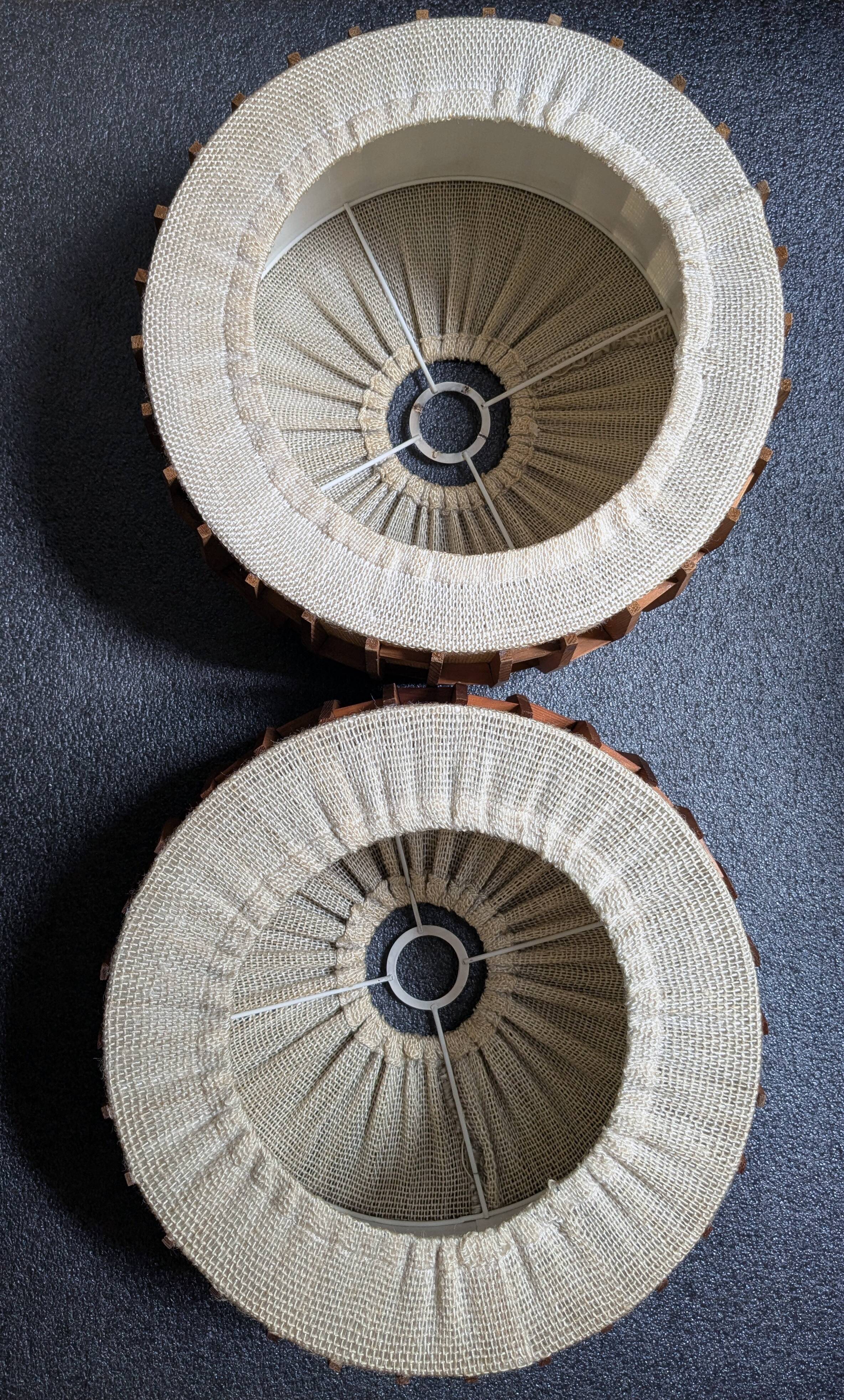 Pair of Scandinavian wooden and fabric pendant lights from the 60s