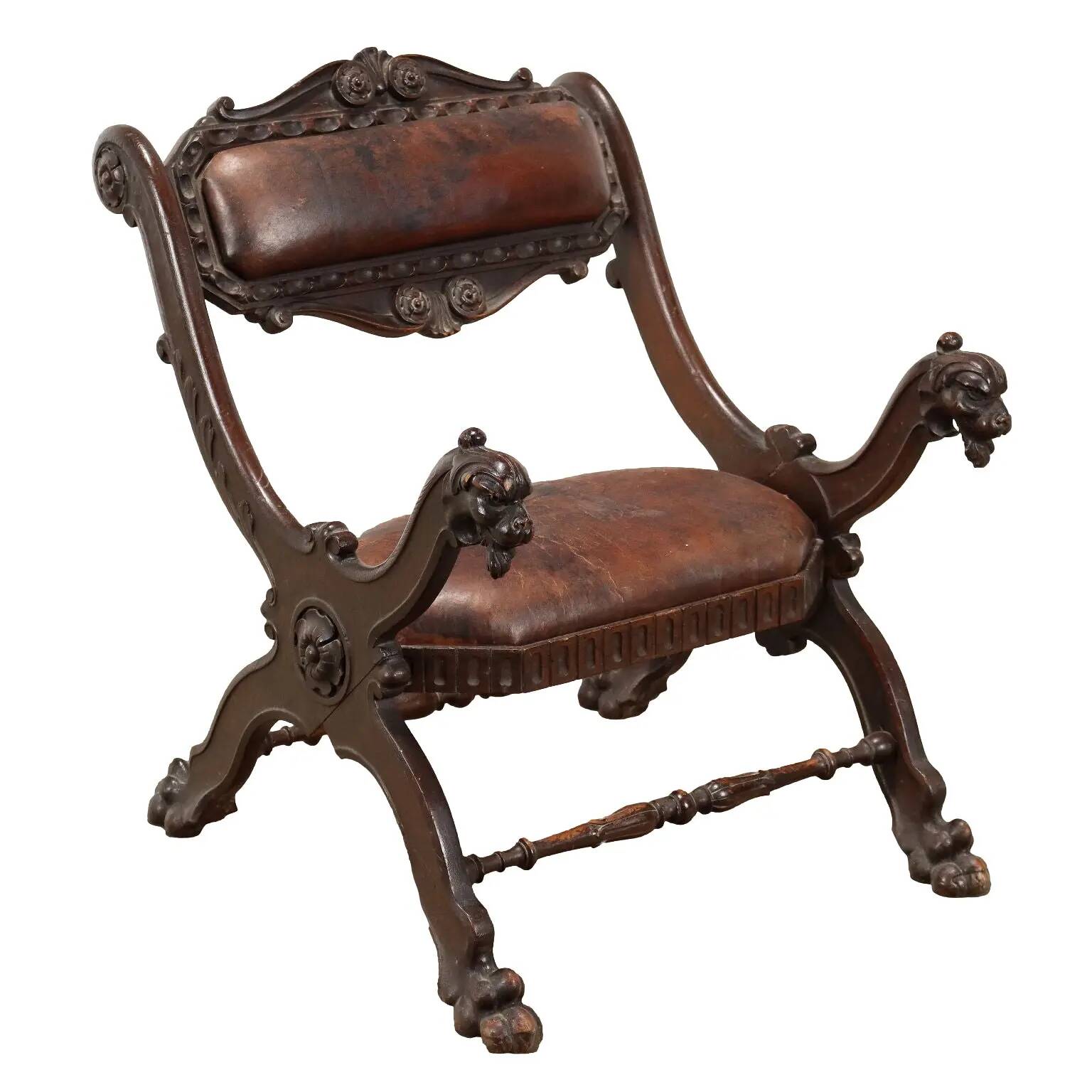 Antique neo-Renaissance chair in wood and leather, 20th century