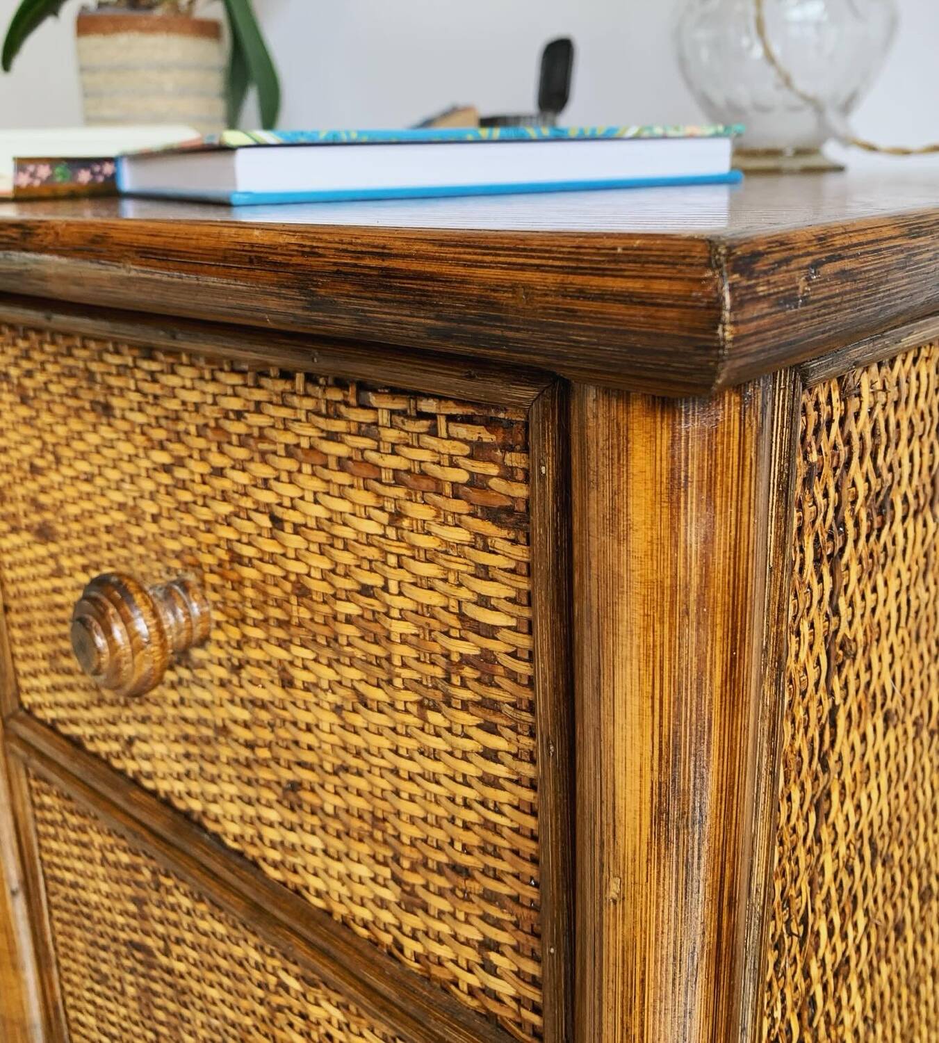 Vintage bamboo and wood rattan desk