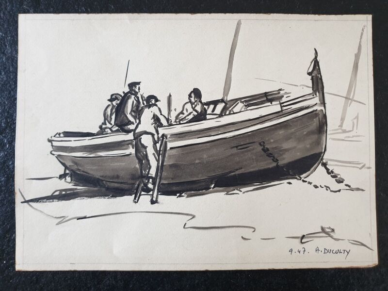 André Duculty (1912-1990) Wash of black ink on paper "Pécheurs à Collioure" Signed below