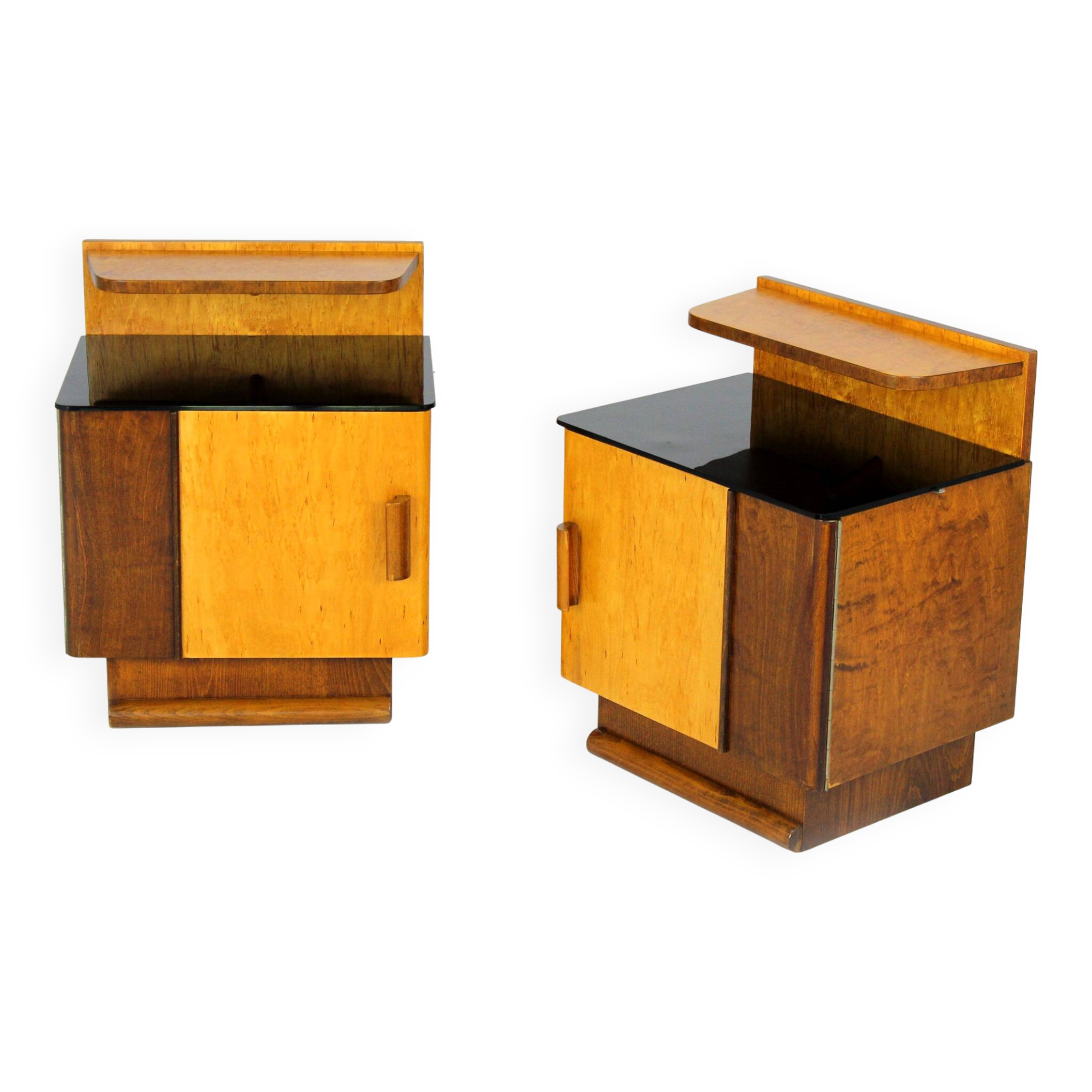 Restored Art Deco Nightstands with Black Glass Tops, 1950s, Set of 2