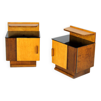 Tables de chevet Art Déco restaurées avec plateaux en verre noir, années 1950, lot de 2