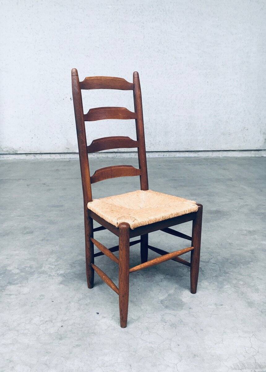 Rustic Ladder Back Oak and Rush Dining Chairs, 1960s, Set of 4