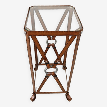 Iron Faux Leather Side Table in the style of Jacques Adnet