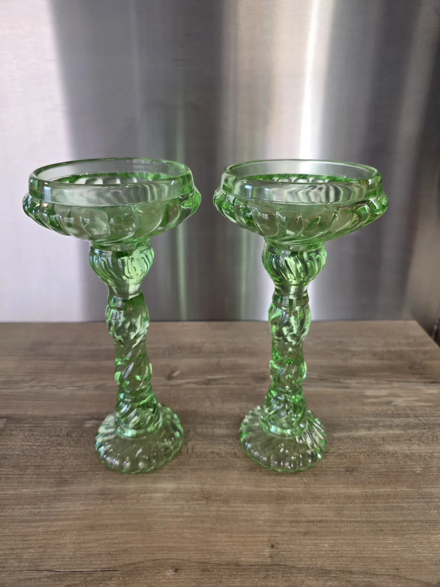 Pair of large Art Deco candlesticks / candle holders in moulded pressed glass.