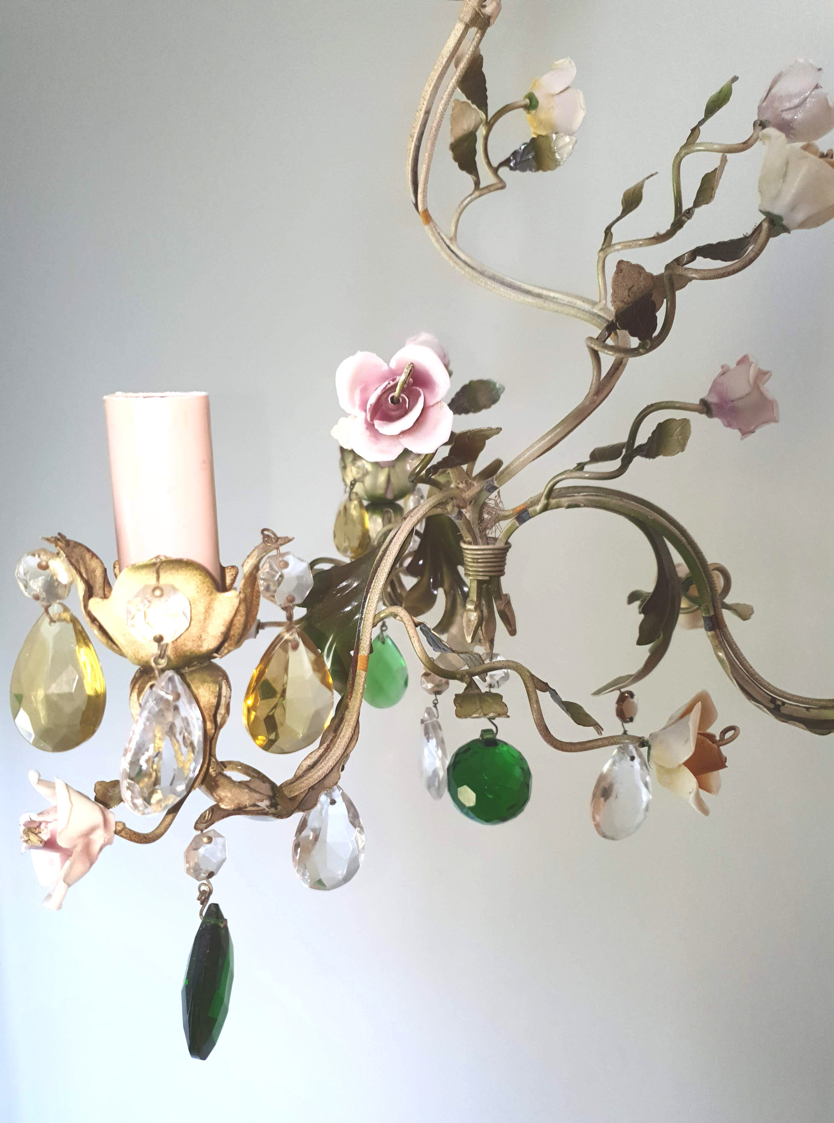Painted metal chandelier and porcelain flowers