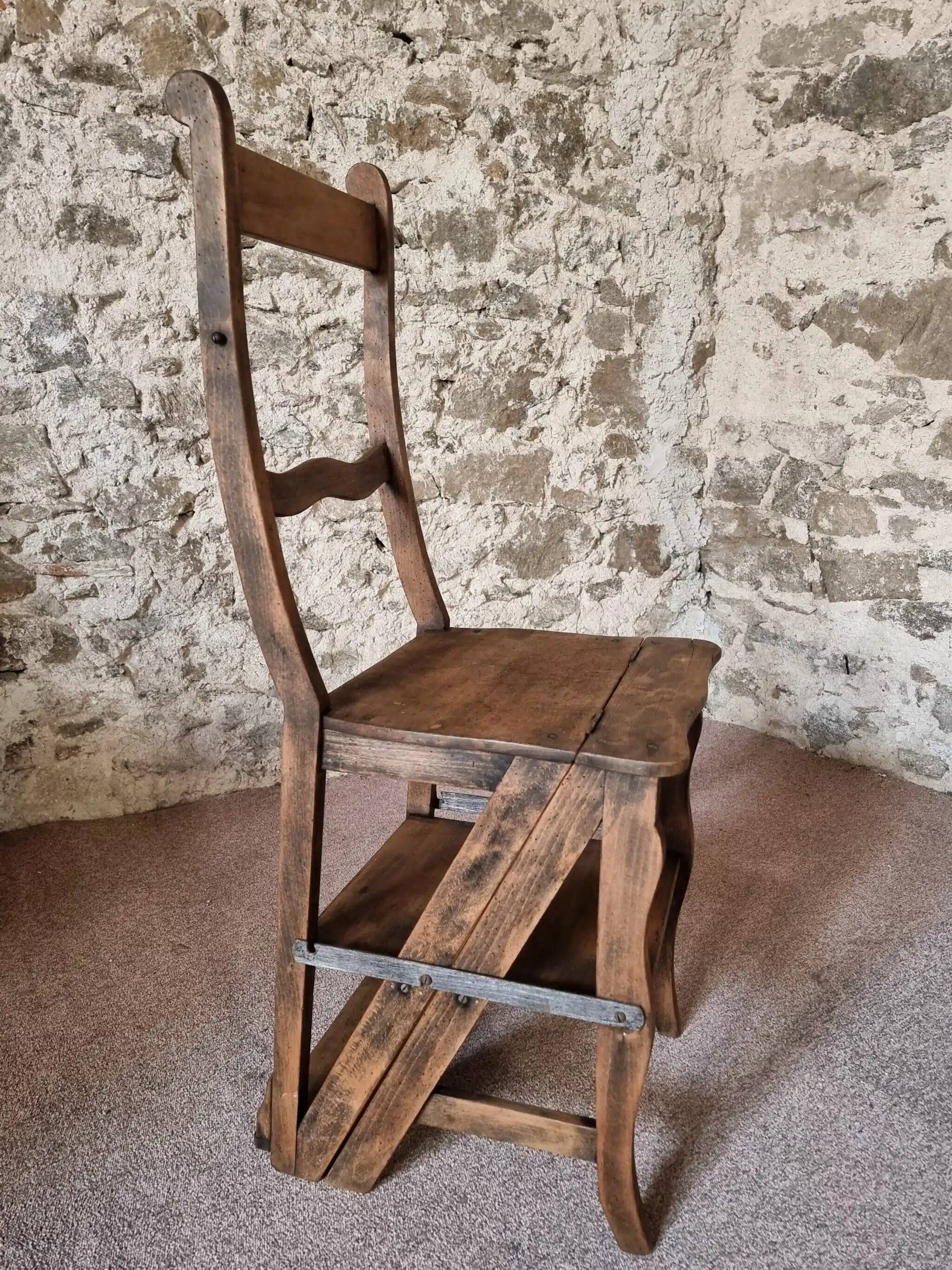 Chaise échelle de bibliothèque en chêne français antique – Tabouret escamotable