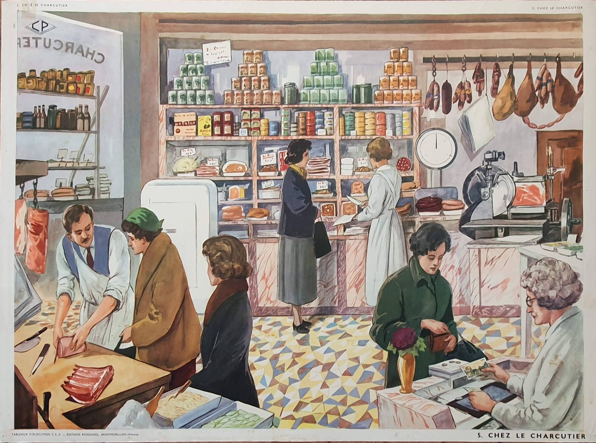 Rossignol educational school poster chez le charcutier et la toilette