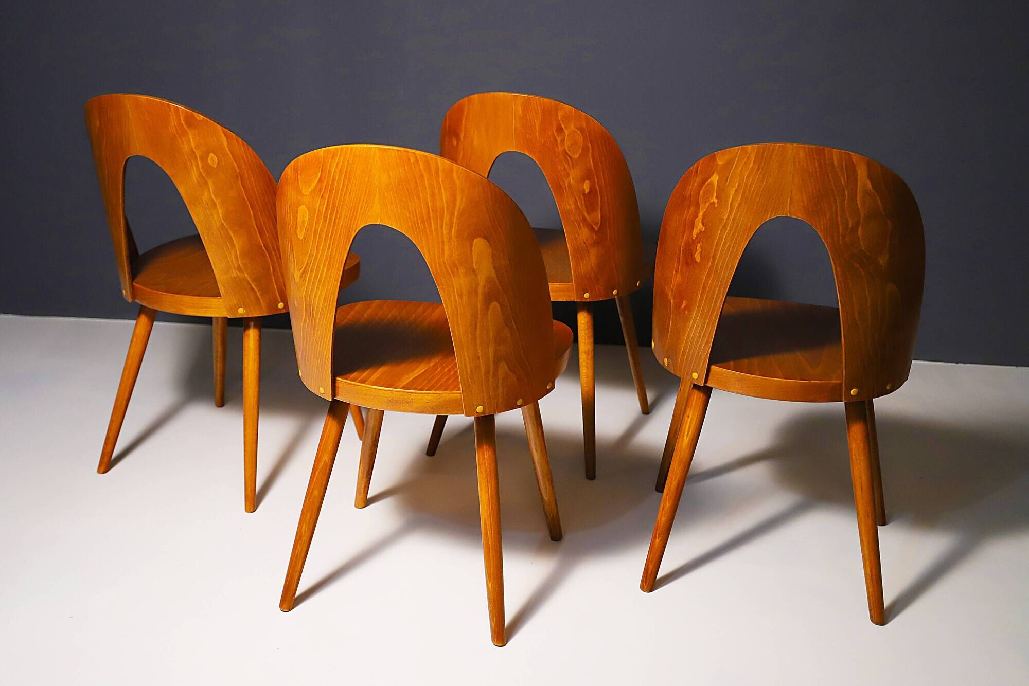 Fully renovated beech wood dining chairs, Czechoslovakia, set of 4