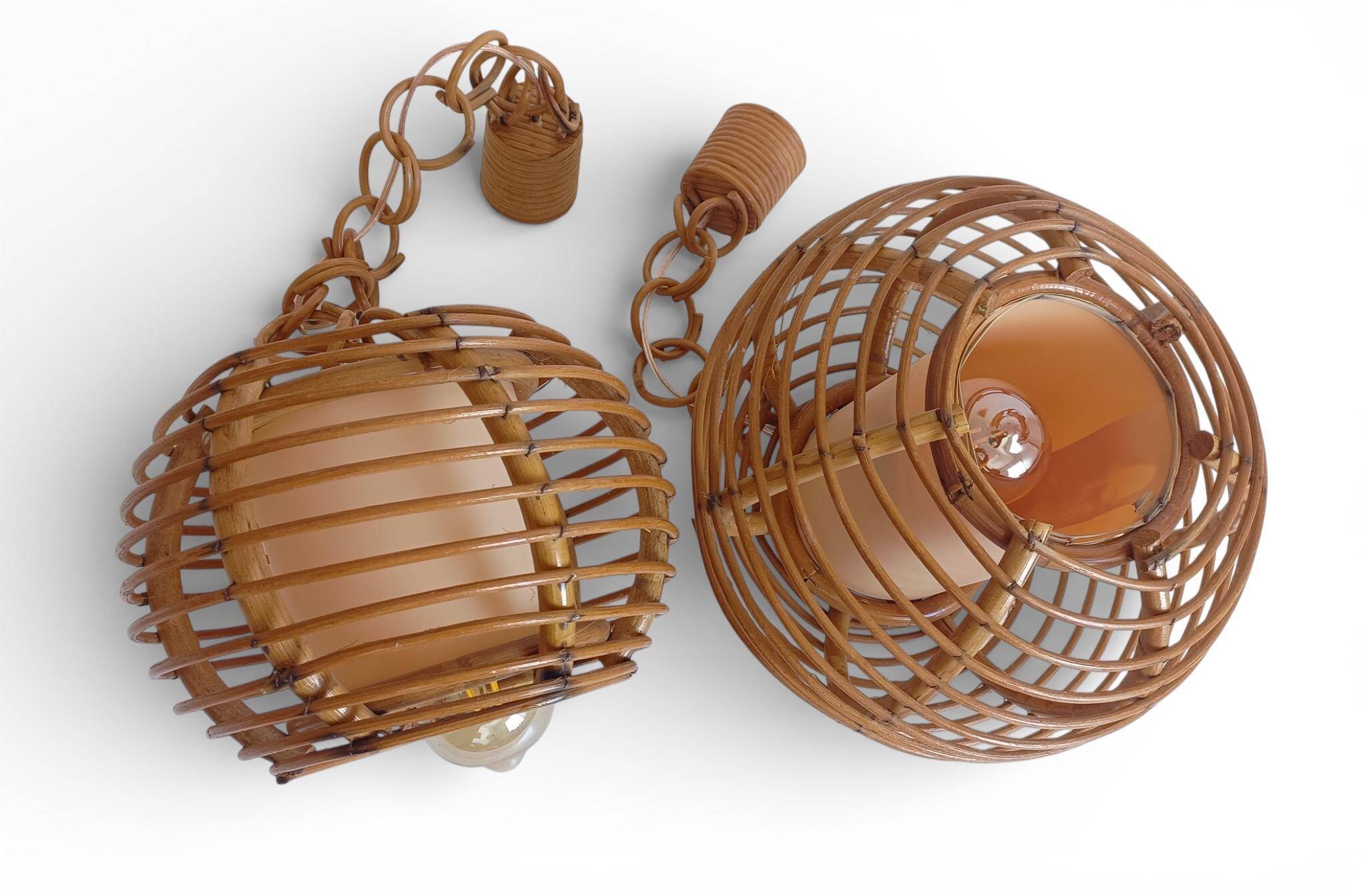 Mid-Century Globe Pendant Lamps, Bamboo & Rattan, c. 1960s