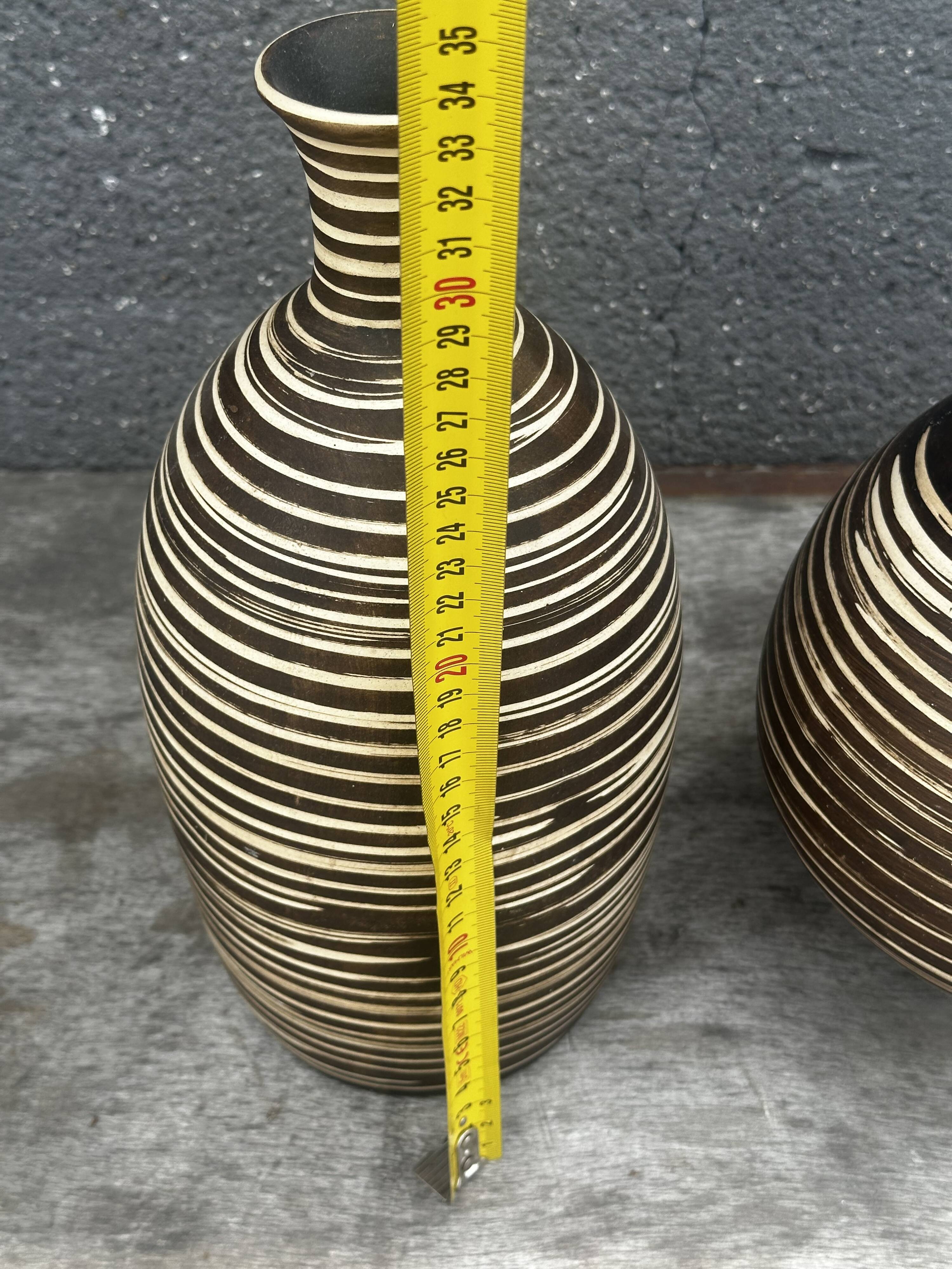 Two Vintage Ethnic Ceramic Vases in Cream and Brown Striped