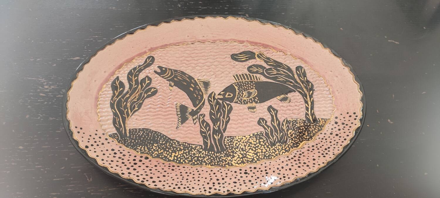 Large enamelled earthenware dish signed Tony Jaillet from the 1950s-60s.