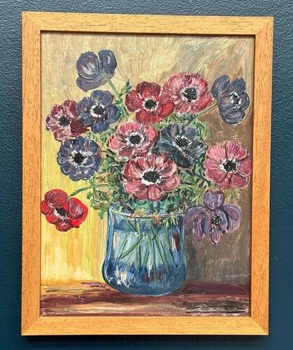 Original Swedish Oil on Panel “Flowers in Vase” Vintage & Framed 29 × 37cm