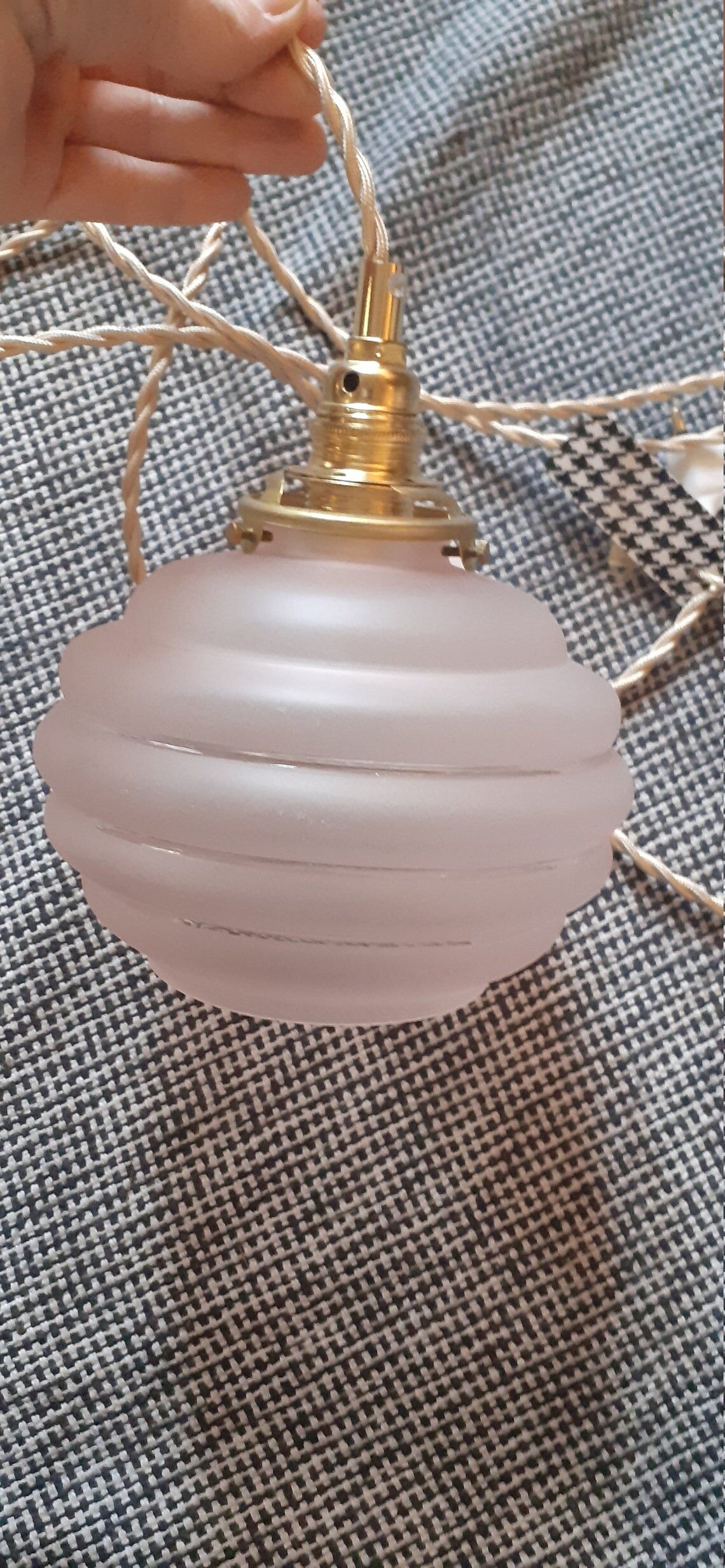Vintage ceiling lamp or stroller with pink glass globe