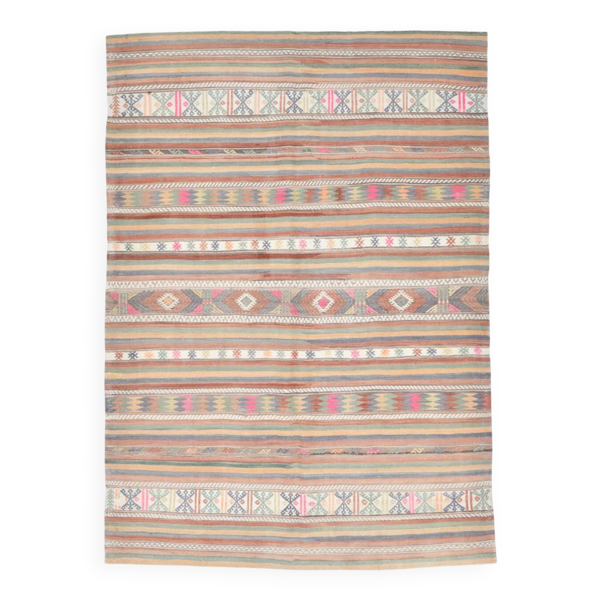 Grand Kilim Vintage en Couleurs Soft, Pièce Unique au Charme Bohème