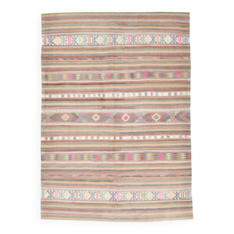 Grand Kilim Vintage en Couleurs Soft, Pièce Unique au Charme Bohème