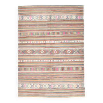 Grand Kilim Vintage en Couleurs Soft, Pièce Unique au Charme Bohème