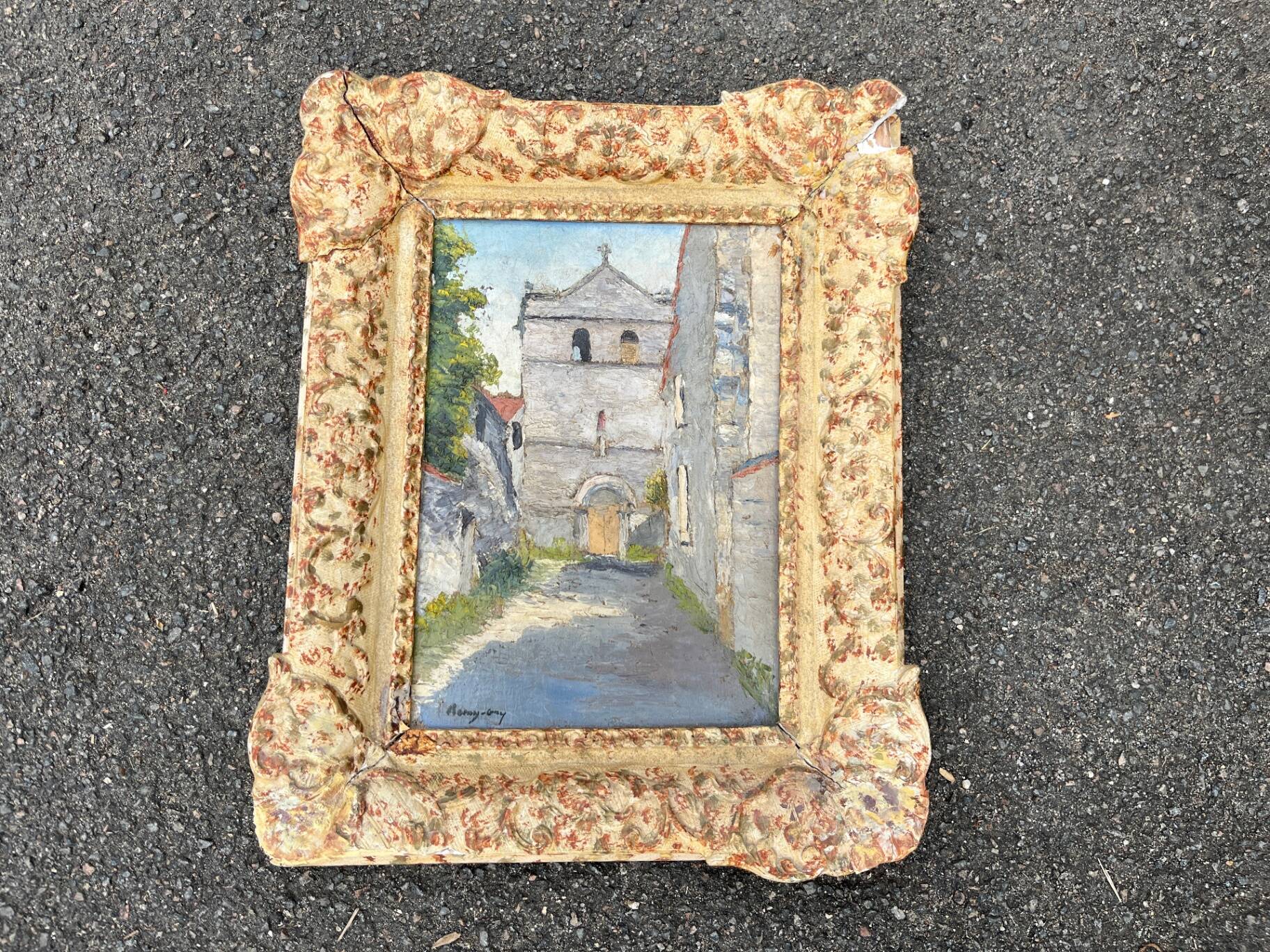 Tableau huile église village signé Remy-Gry - Cadre doré ancien