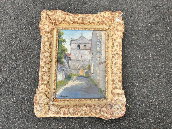 Tableau huile église village signé Remy-Gry - Cadre doré ancien