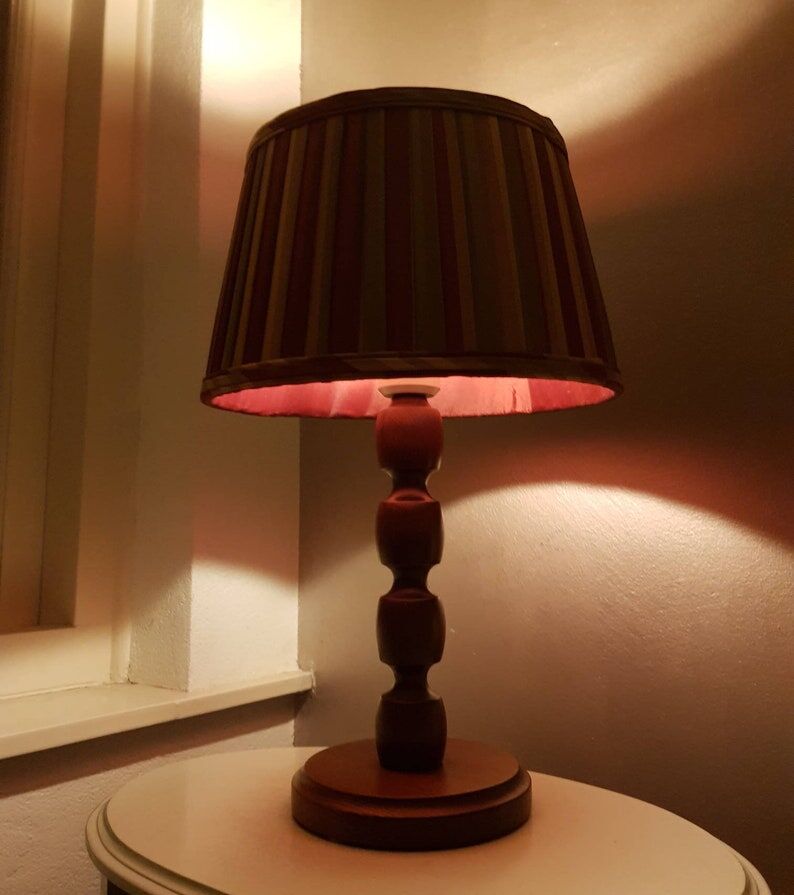 Vintage wooden table lamp with pleated fabric lampshade 1970