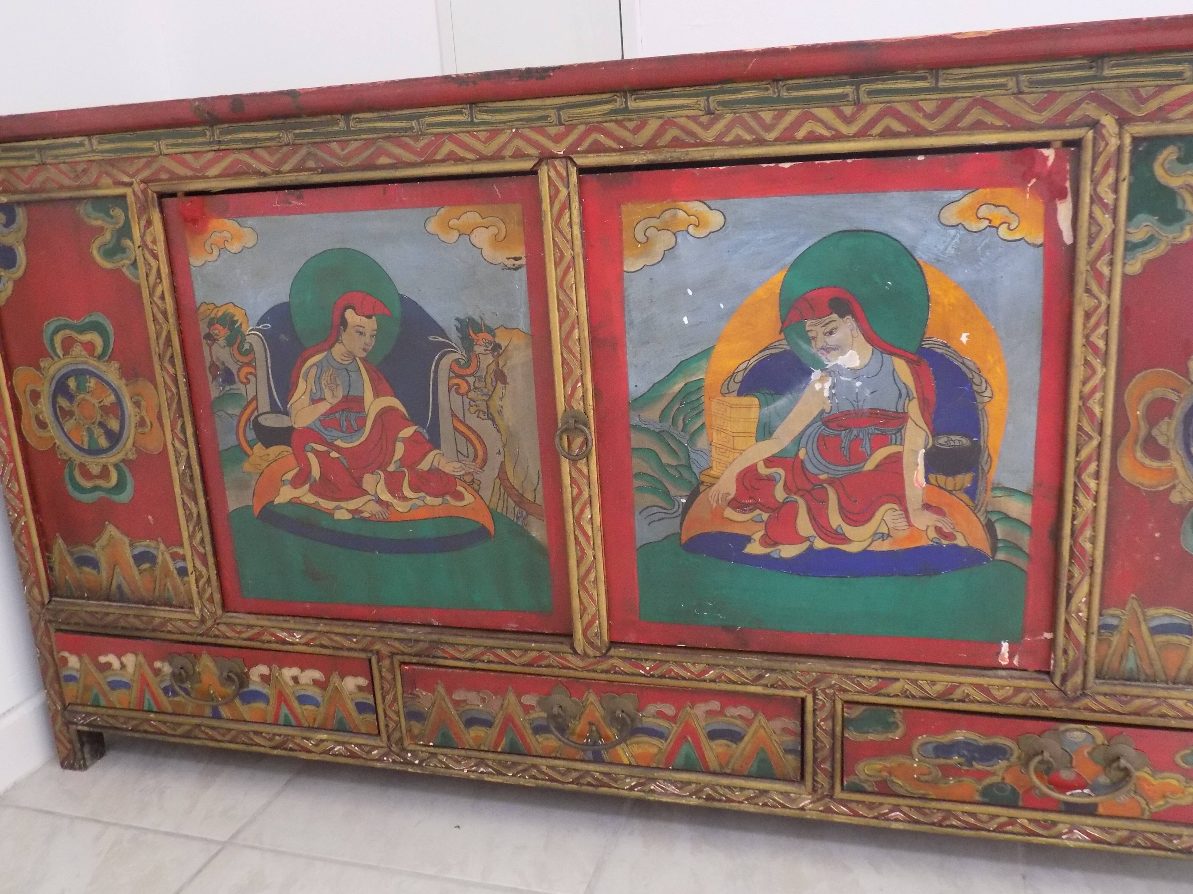 Hand-painted Nepalese Buddha sideboard with storage in the 70s