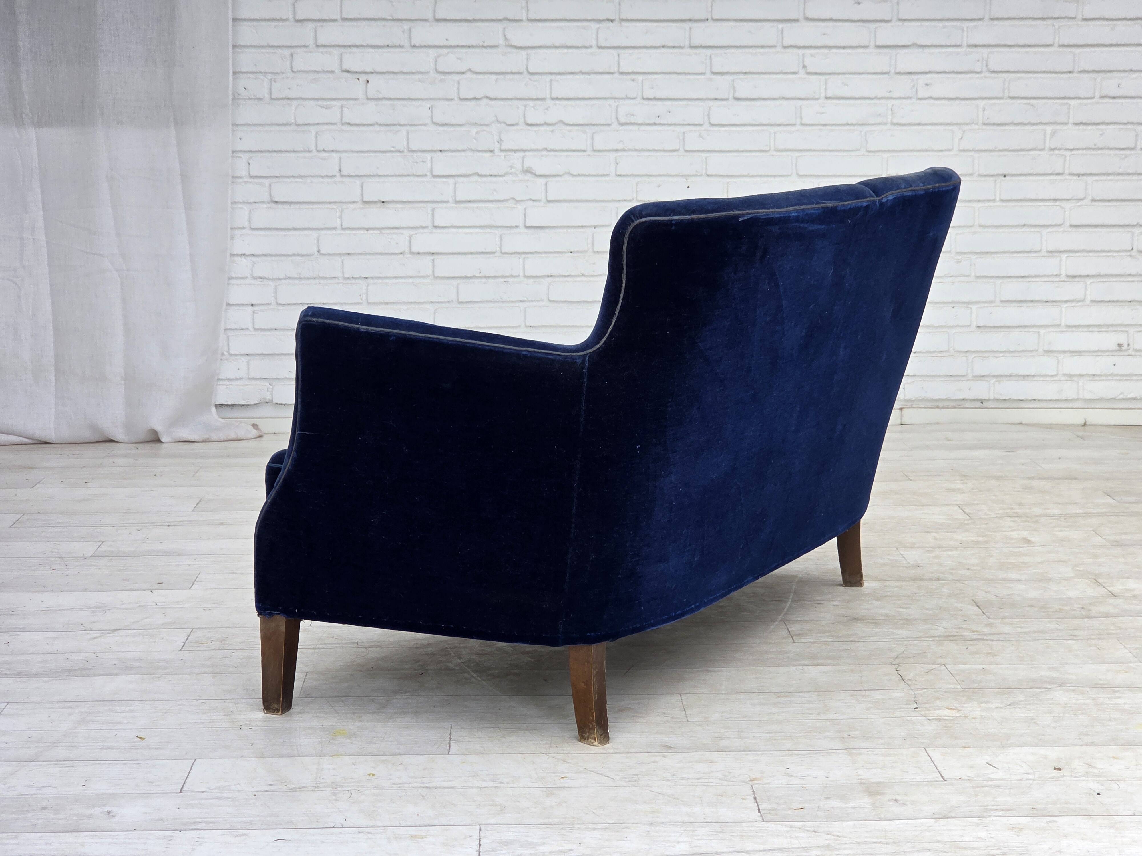 1960s, Danish 2-seater sofa. dark blue furniture velour.