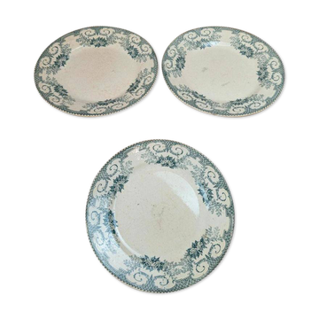 Set of 3 antique flat plates made of ironstone from the Debray Establishments, Clichy service.