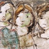 Mid-century modern swedish "the children" figurative framed oil painting