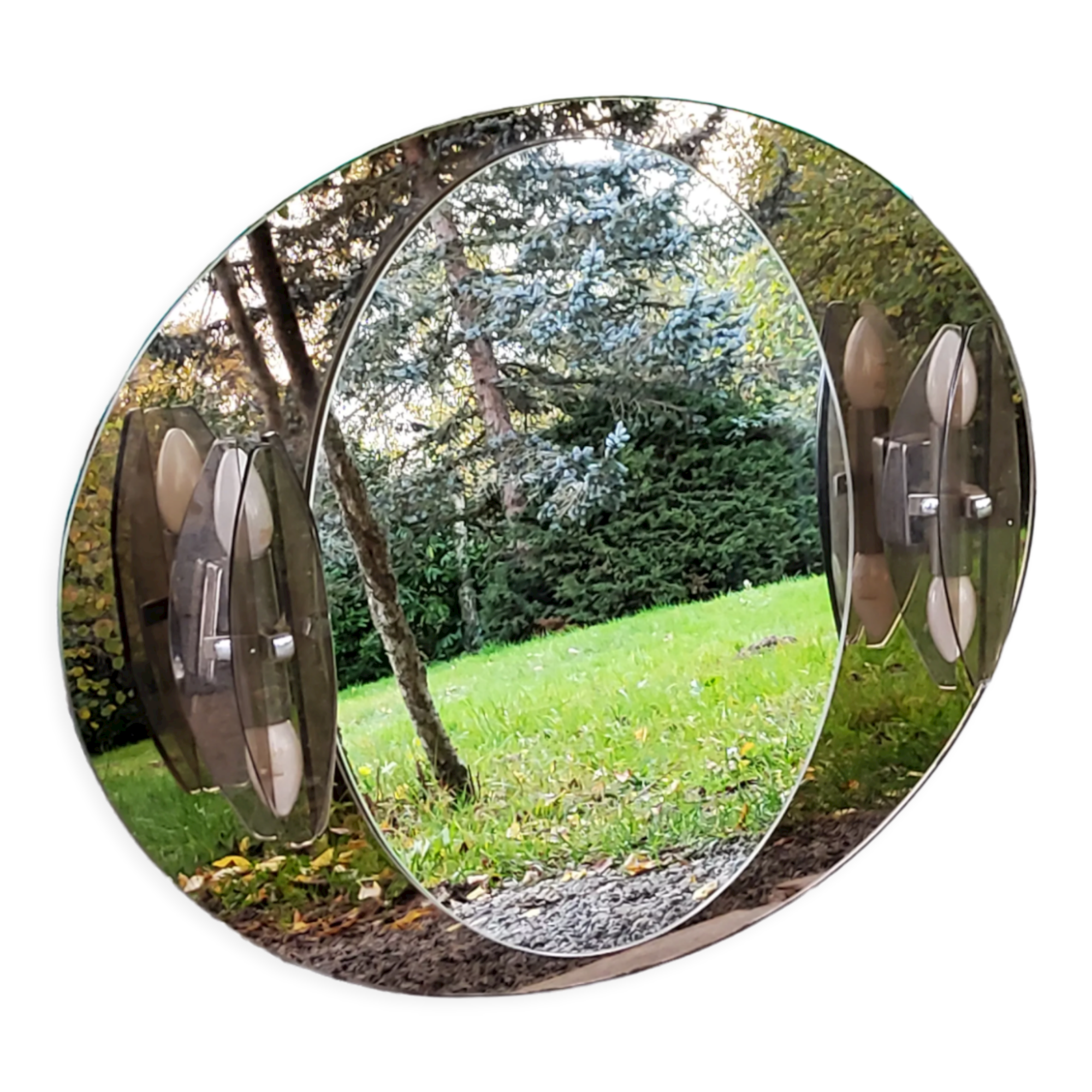 Oval mirror with 2 double tain sconces by Antonio Lupi from the 80s, 69x55 cm