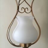 Pair of white tulip and brass pendant lamps