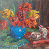HST painting signed Aimée Beylot "Still life with flowers and porcelain" circa 1950