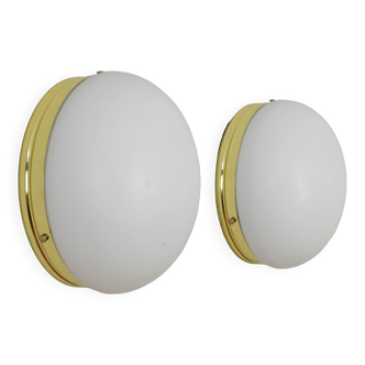 Mid Century Spanish Modern Brass and Opaline Glass Sconces Metalarte 70s