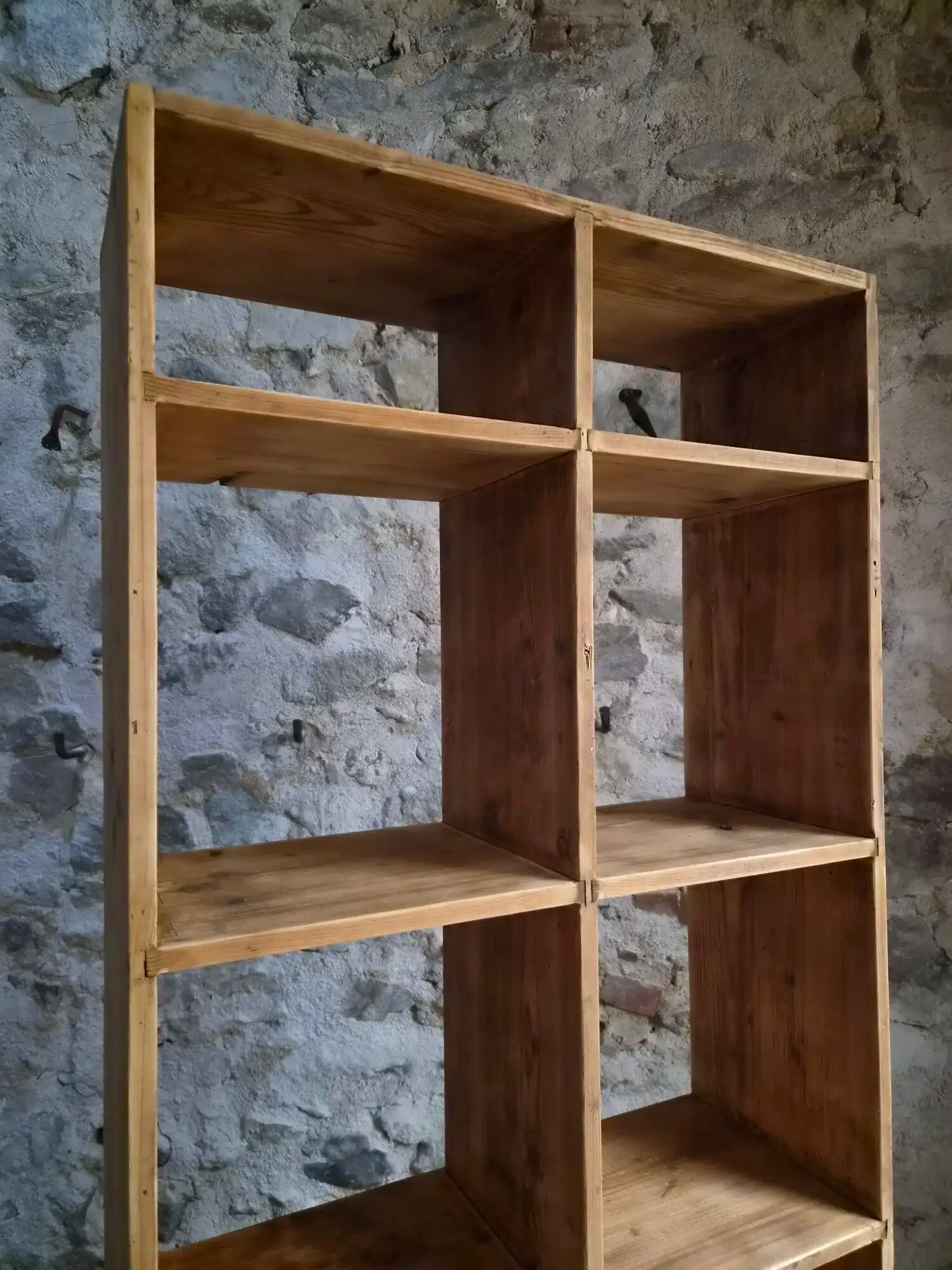 Vintage pine shelf with compartments, room divider, 1950s.