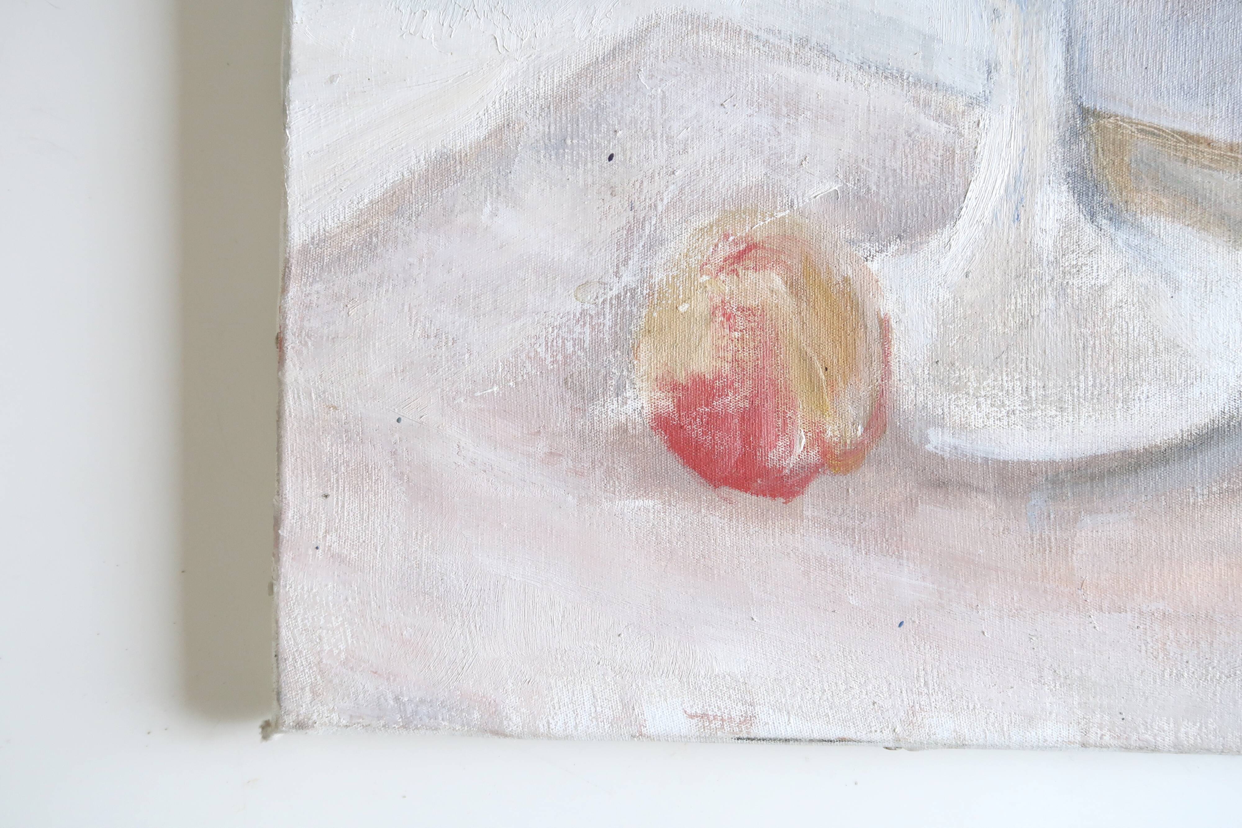 Peinture à l'huile, nature morte, fruits et compotier, années 70