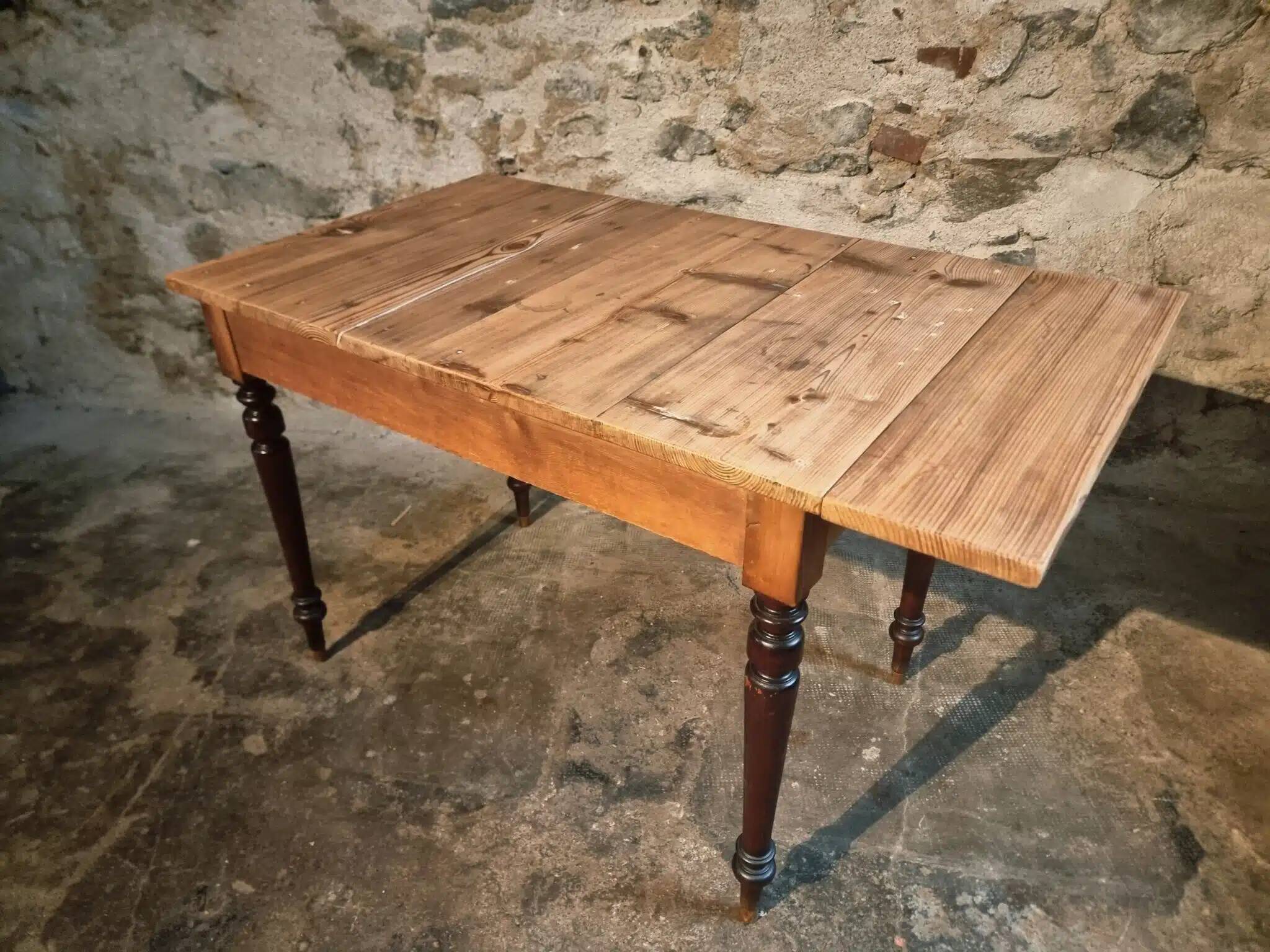 Vintage French pine table with extendable side, circa 1930, suitable for kitchen or office use.