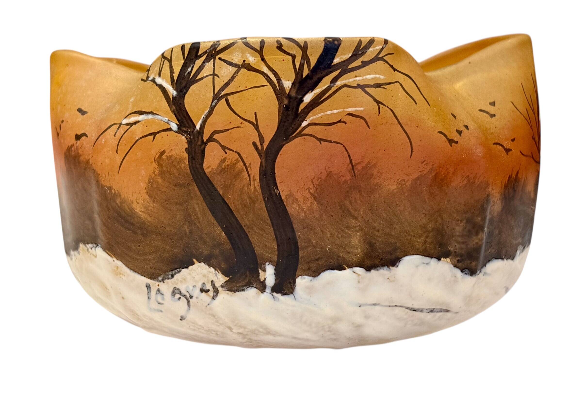 Legras pocket tray signed – enamelled glass Art Nouveau, winter landscape