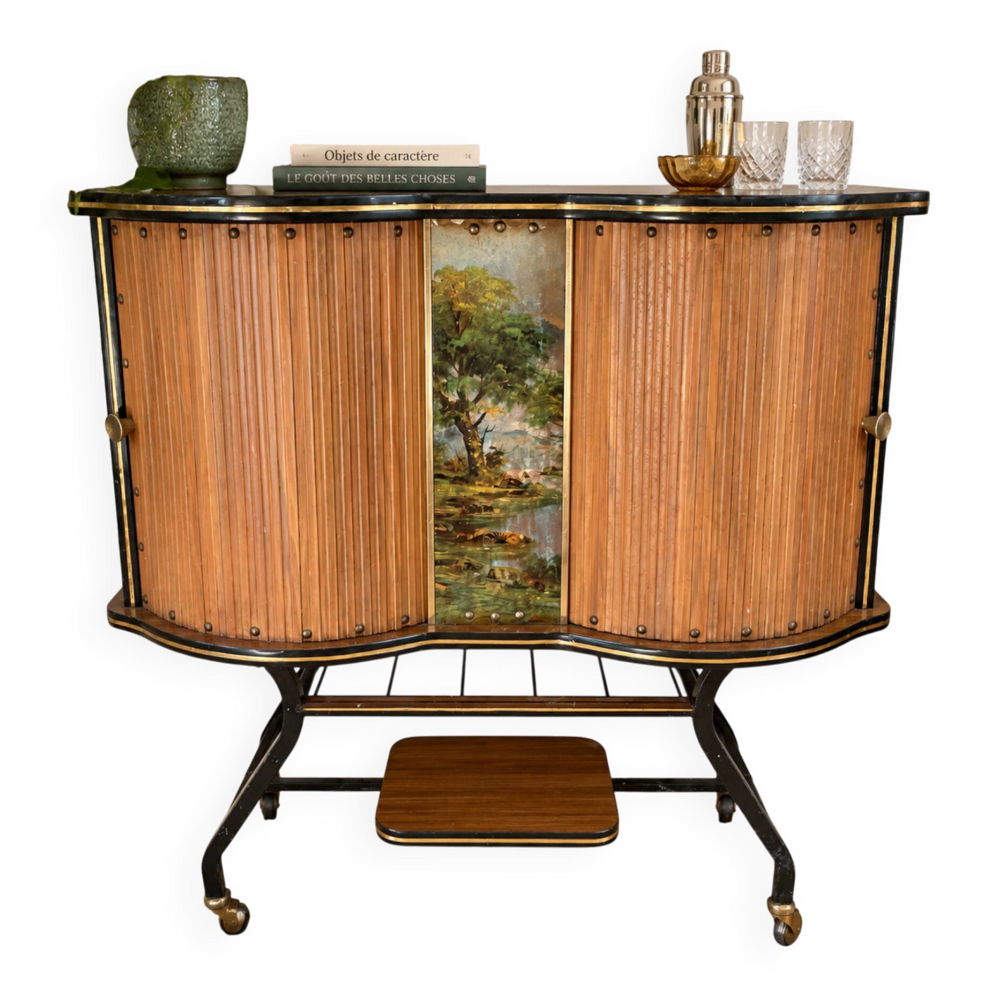 Vintage bar on wheels with tambour doors and painted decor – 1950s.