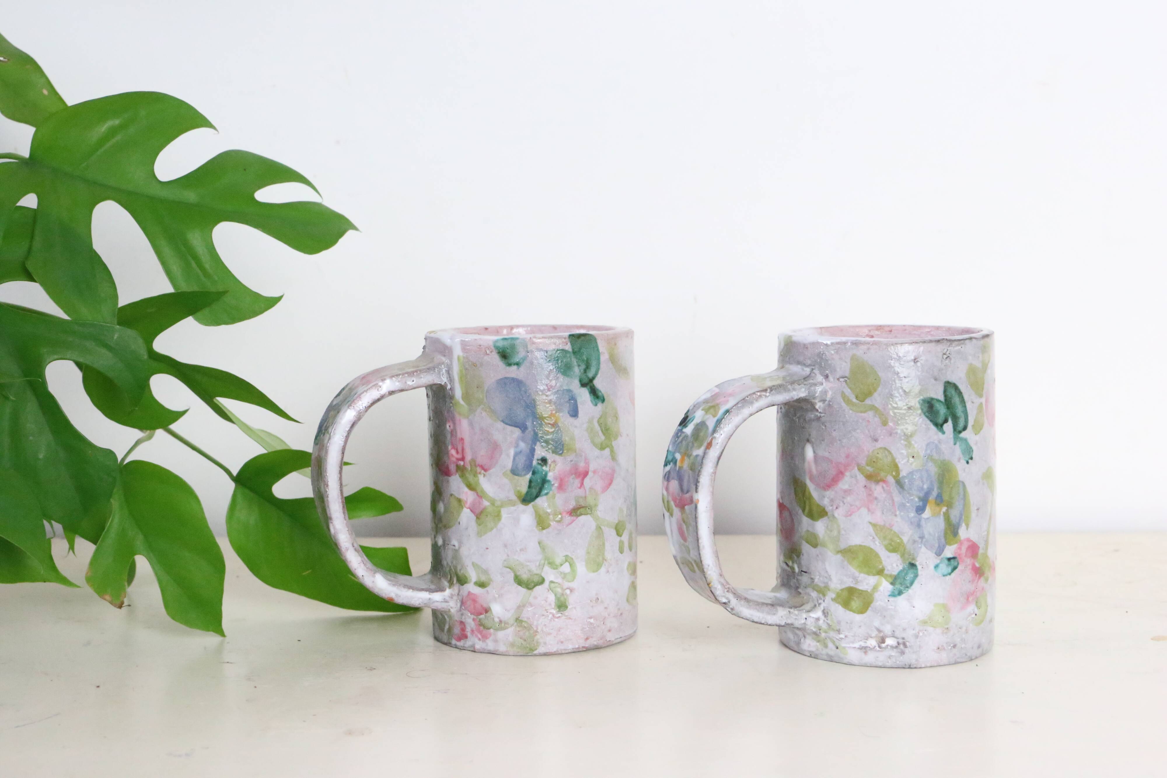 Set of 2 stoneware mugs, artisanal pottery, 1980