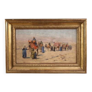 Orientalist painting signed A. Rossi and dated 1893, caravan in the desert