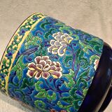 Beautiful large Longwy enamel cachepot with a cabin and chrysanthemum cartouche
