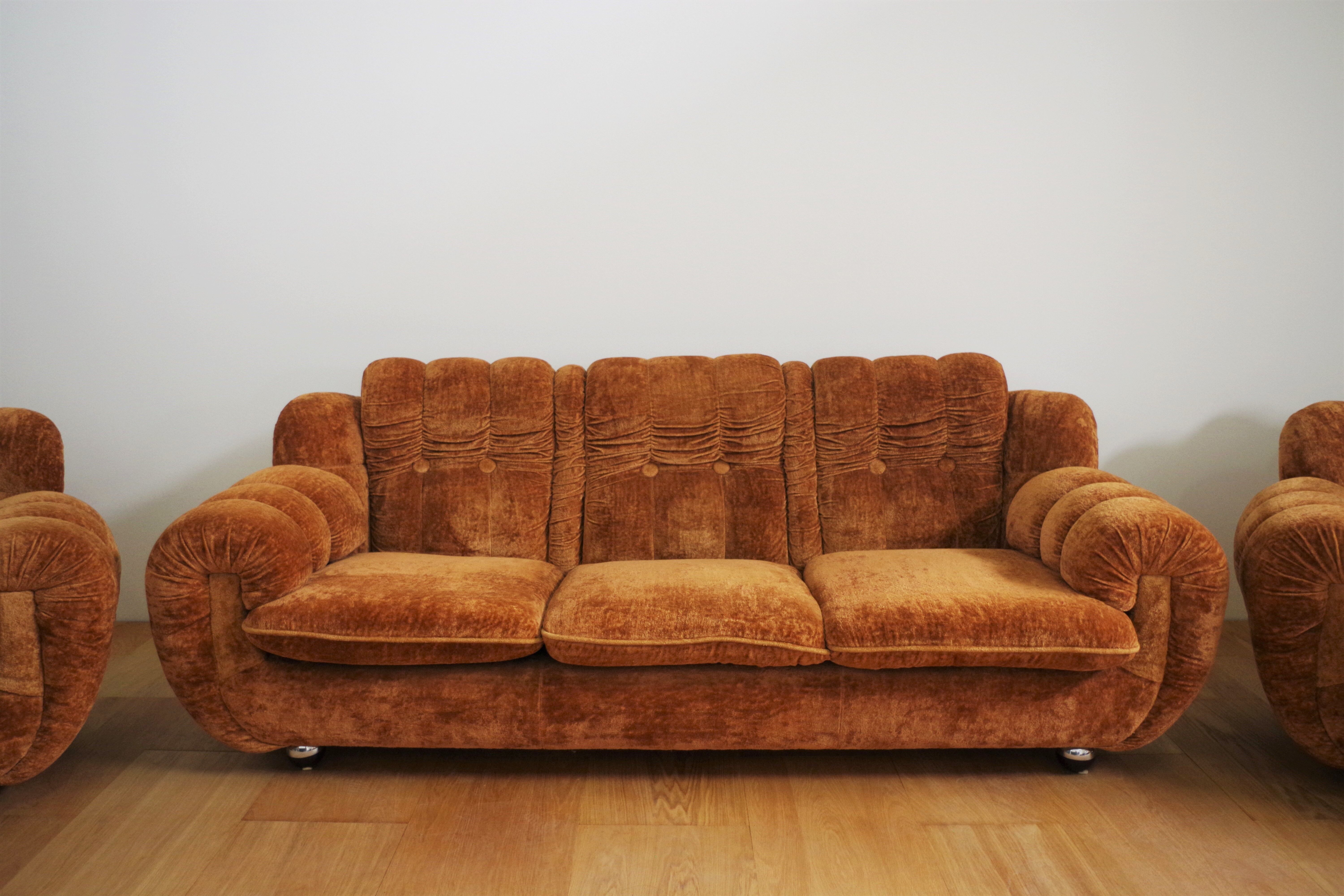 Velvet armchairs and sofa, 1970s, set of 3