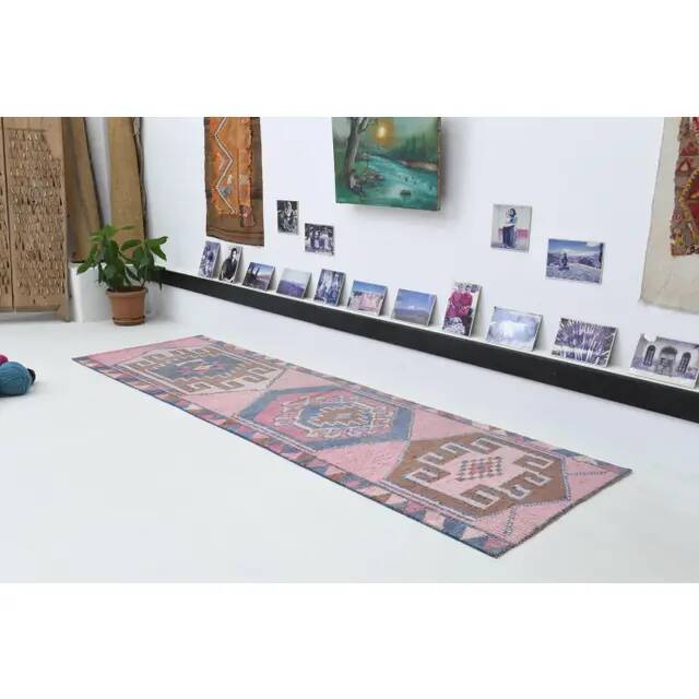 1970s Vintage Turkish Oushak Handmade Wool Cotton Pink Runner Rug 89x299