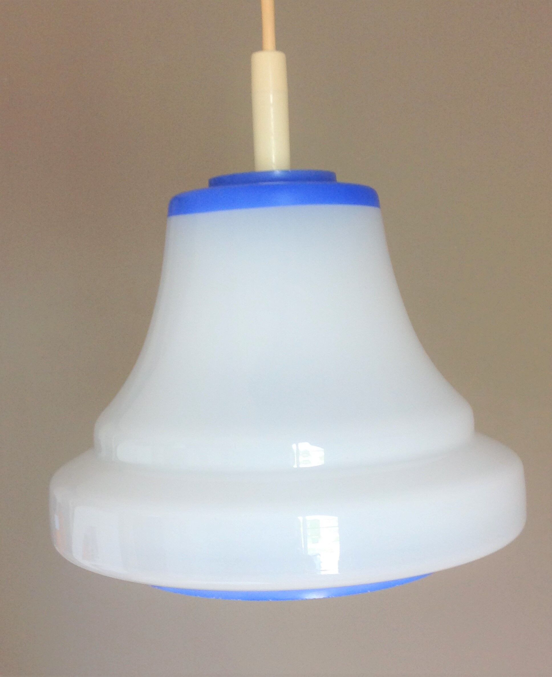 Bell hanging lamp in white and blue opaline 60s