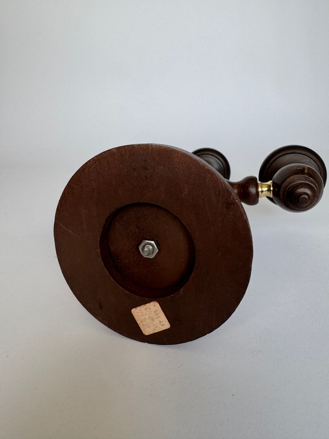 Vintage brutalist wooden candelabrum with gold hardware.