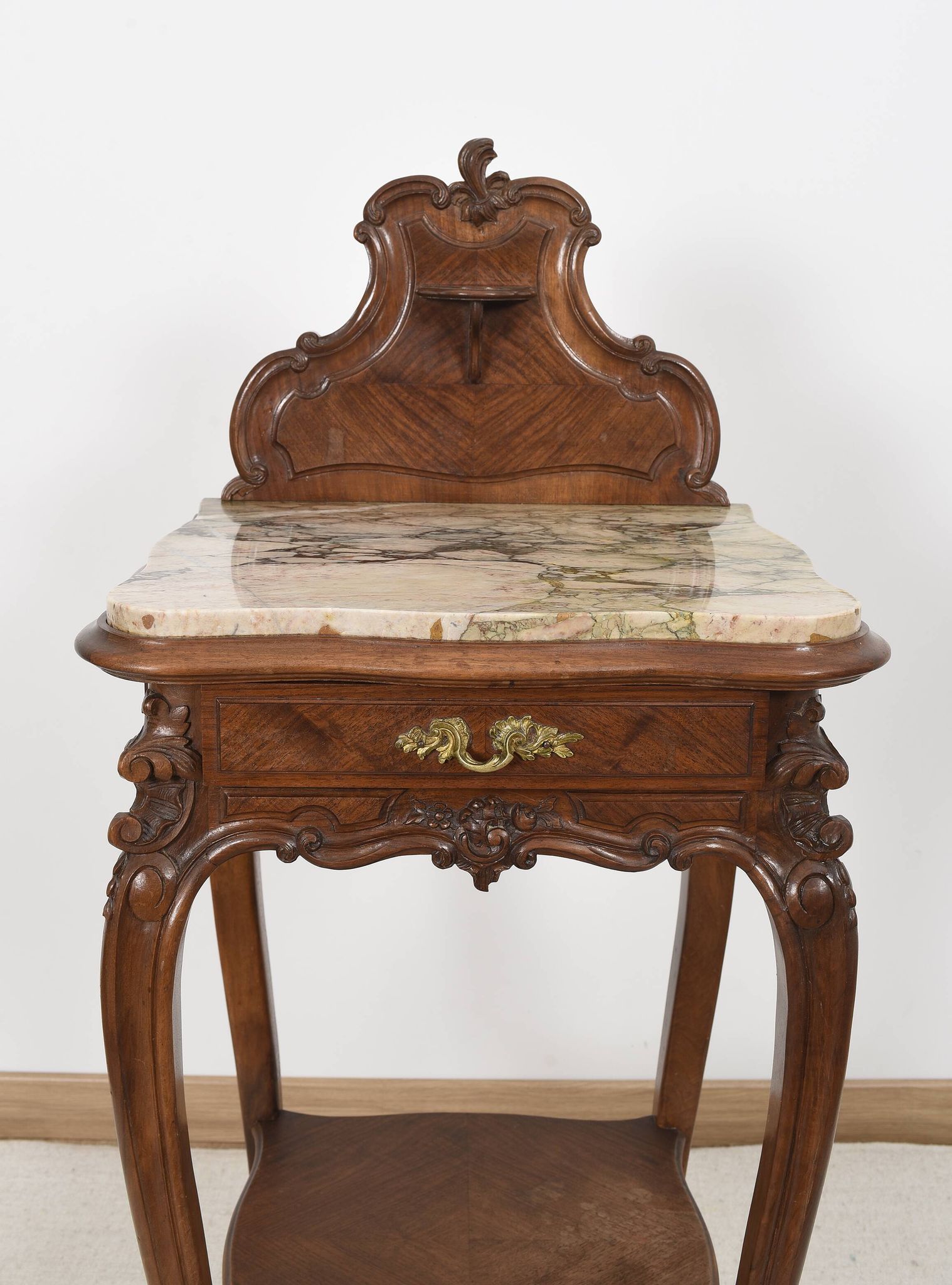 Pedestal table, old bedside table, Louis XV style, in wood and marble