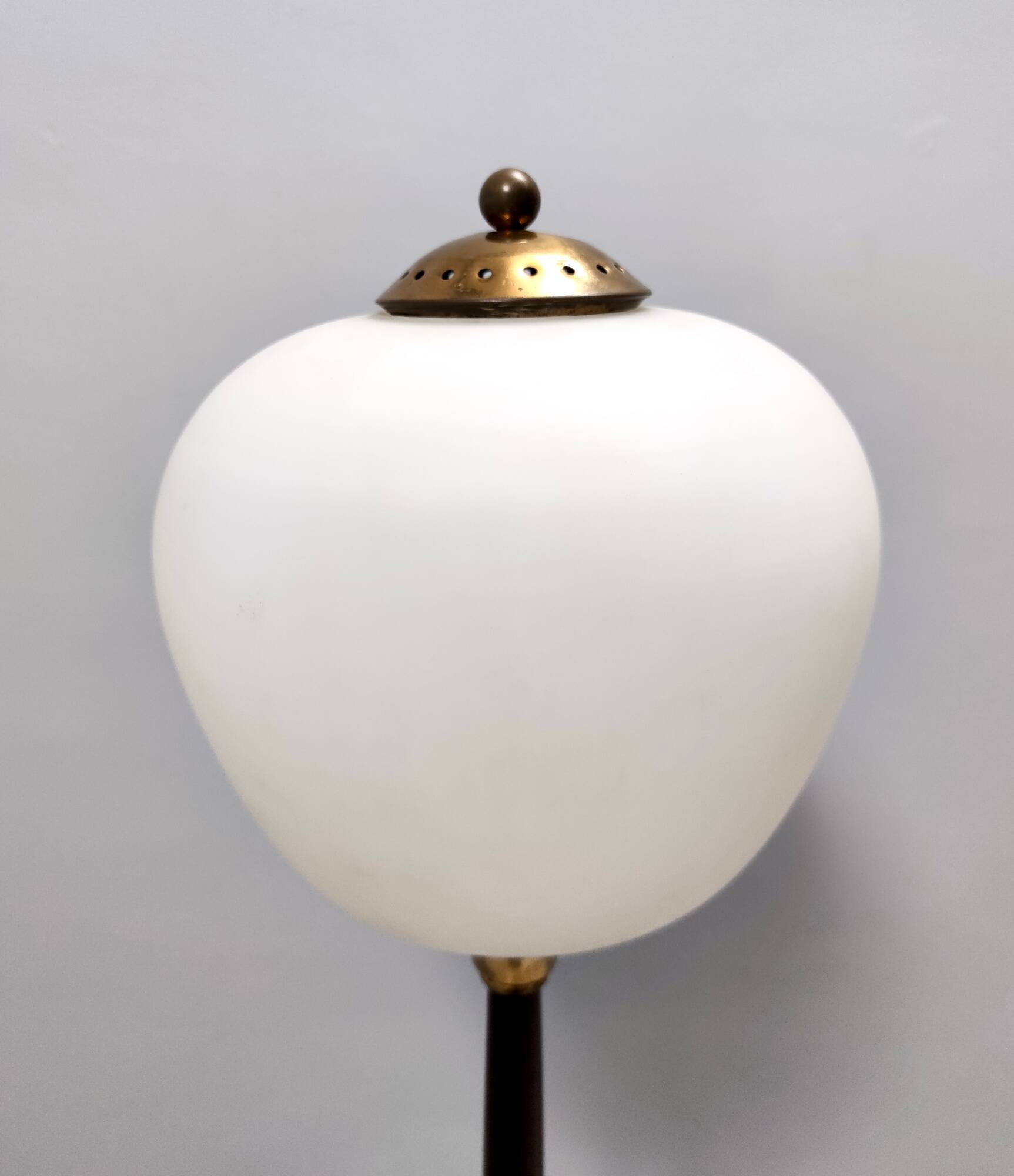 Opaline Glass, Beech and Brass Floor Lamp with Marble Base, Italy